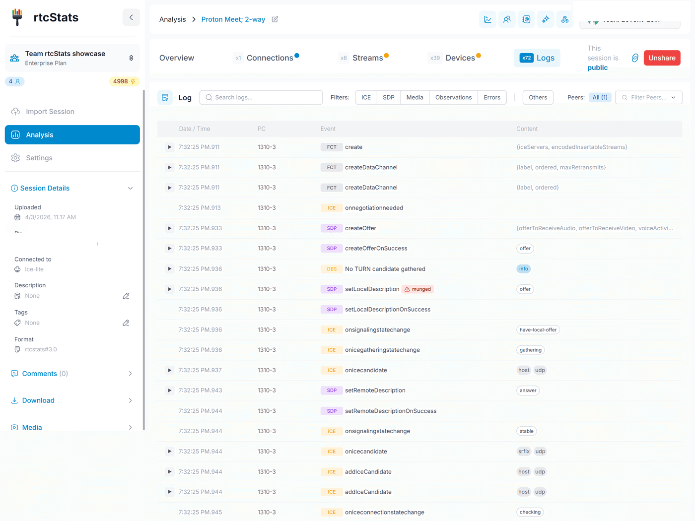 Filterable event log with color-coded severity